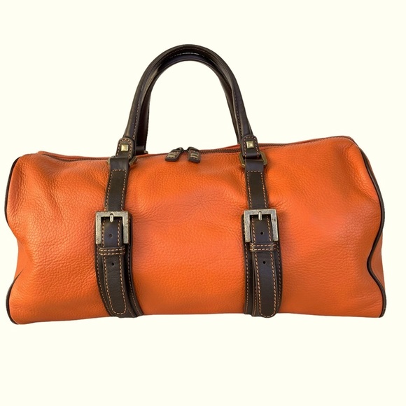 Adrienne Vittadini Orange and Brown Pebbled Leather Duffel Handbag/Travel Bag - Picture 1 of 15